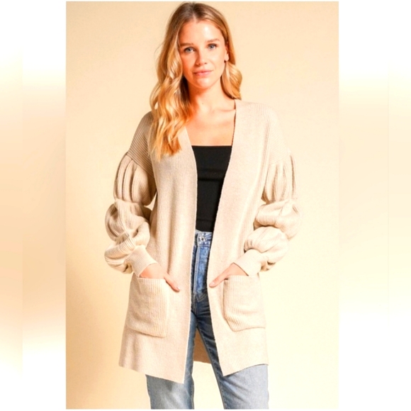 NEW Cardigan Sweater W/Pockets Beige Balloon Sleeve Detail - L - Picture 3 of 5